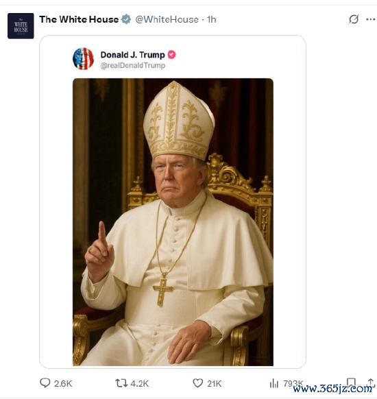 线上股票配资炒股 特朗普发自己身穿教皇服图片，白宫竟转发